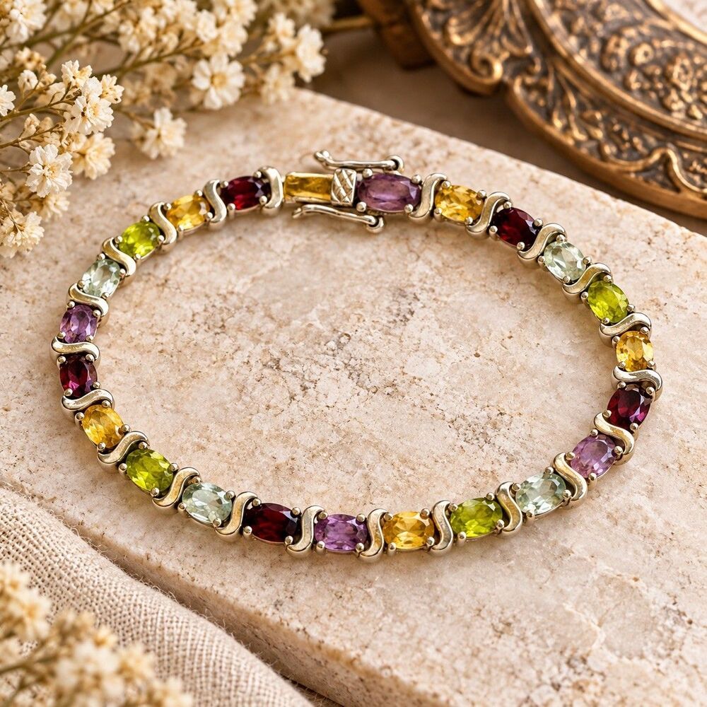 925 Sterling Silver Multi Gemstone Tennis Bracelet Korea Colorful Vintage
